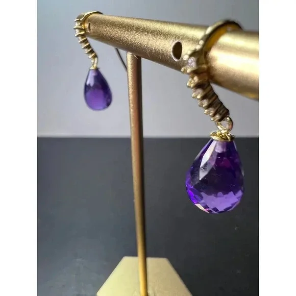 14k gold amethyst briolette and diamond dangle earrings